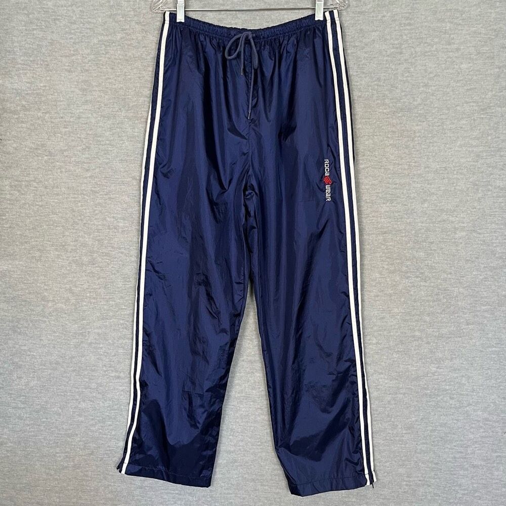 Rocawear Nylon Track Pants Mens Large Embroidered Logo Blue White Stripe Zip Hem